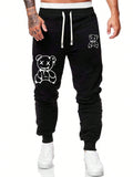 Men's Autumn Winter New Trendy Cartoon Bear Pattern Drawstring Waist Sweatpants