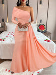 Solid Color Elegant Pleated Long Sleeve Dress With Asymmetric Neckline