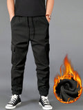 Manfinity Homme Men Drawstring Waist Flap Pocket Side Thermal Lined Cargo Pants Tapered Long Slacks Plain Black Going Out