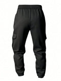 Manfinity Homme Men Drawstring Waist Flap Pocket Side Thermal Lined Cargo Pants Tapered Long Slacks Plain Black Going Out