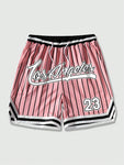 ROMWE Prep Men Striped Letter Printed Drawstring Waist Summer Sports Casual Mesh Shorts, School