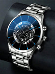 1pc Silver Color Fashionable Men's Calendar Quartz Watch   1pc Men's Business Stainless Steel Bracelet Watch