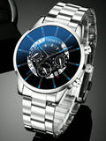 1pc Silver Color Fashionable Men's Calendar Quartz Watch   1pc Men's Business Stainless Steel Bracelet Watch