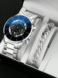 1pc Silver Color Fashionable Men's Calendar Quartz Watch   1pc Men's Business Stainless Steel Bracelet Watch