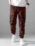 Men Letter Patched Detail Flap Pocket Drawstring Waist Cargo Pants - MapleCo