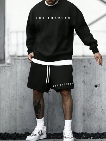 Manfinity Dauomo Men's Letter Print Pullover Hoodie And Drawstring Waist Shorts Set