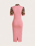 SHEIN Clasi Women's Leopard Print Splicing Dress With Knot Collar