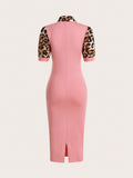 SHEIN Clasi Women's Leopard Print Splicing Dress With Knot Collar