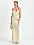 PARTHEA Spaghetti Straps Flower Detail Ruched Satin Elegant Long Dress