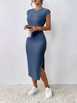 SHEIN Frenchy Summer Leisure Side Split Slim Bodycon Dress, Fit Knitted Ribbed Casual Summer Dress,Cap Sleeve Teacher Dress