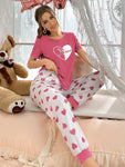 Shein CoupledUp Women's Heart Print Short Sleeve Tee And Long Pants Pajama Set