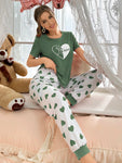 Shein CoupledUp Women's Heart Print Short Sleeve Tee And Long Pants Pajama Set