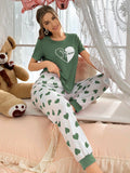 Shein CoupledUp Women's Heart Print Short Sleeve Tee And Long Pants Pajama Set