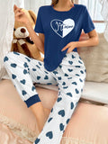 Shein CoupledUp Women's Heart Print Short Sleeve Tee And Long Pants Pajama Set