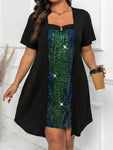 SHEIN Clasi Plus Size Women'S Sparkle Patchwork Short Sleeve Dress