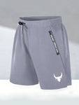 Manfinity Sport Streetwear Men's Drawstring Sports Shorts With Bull Head Print, Grey Shorts Gym Shorts