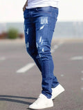 Manfinity LEGND Men Ripped Frayed Skinny Jeans, Plain Dark Blue Slim Fit Long Cargo Jeans, For Husband, Boyfriend Gifts