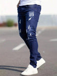 Manfinity LEGND Men Ripped Frayed Skinny Jeans, Plain Dark Blue Slim Fit Long Cargo Jeans, For Husband, Boyfriend Gifts