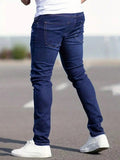 Manfinity LEGND Men Ripped Frayed Skinny Jeans, Plain Dark Blue Slim Fit Long Cargo Jeans, For Husband, Boyfriend Gifts