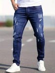 Manfinity LEGND Men Ripped Frayed Skinny Jeans, Plain Dark Blue Slim Fit Long Cargo Jeans, For Husband, Boyfriend Gifts