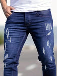 Manfinity LEGND Men Ripped Frayed Skinny Jeans, Plain Dark Blue Slim Fit Long Cargo Jeans, For Husband, Boyfriend Gifts