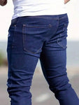 Manfinity LEGND Men Ripped Frayed Skinny Jeans, Plain Dark Blue Slim Fit Long Cargo Jeans, For Husband, Boyfriend Gifts