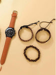 Men Watch 1pc Men's Brown Pu Strap Casual Quartz Watch And 3pcs Bracelets Set Watch For Men Giving Best Gift Sets