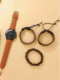 Men Watch 1pc Men's Brown Pu Strap Casual Quartz Watch And 3pcs Bracelets Set Watch For Men Giving Best Gift Sets