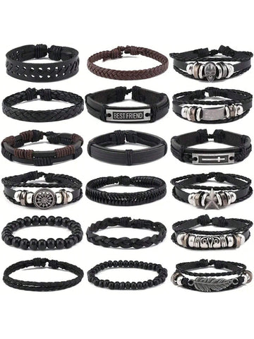 18 Pcs Street Hip -Hop Retro Bracelet, Punk Jewelry Set Bracelet Mixed Style Men's Accessories