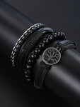 6pcs/Set Fashionable Life Tree Pu Leather Beaded Bracelet Quartz Watch Hexagonal Column Pendant Necklace Black Tone Men's Daily Wear Dating Gift Set Boyfriend Father Friend Fashion Accessories Set - MapleCo