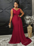 Sleeveless V-Neck Slit Sexy And Elegant Women's Evening Gown In Burgundy