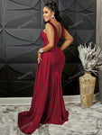 Sleeveless V-Neck Slit Sexy And Elegant Women's Evening Gown In Burgundy