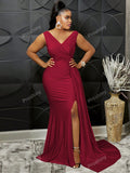 Sleeveless V-Neck Slit Sexy And Elegant Women's Evening Gown In Burgundy