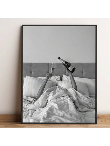 1pc Unframed Black And White Pouring Champagne On Bed Celebrating Canvas Poster,Waterproof Trendy Wall Art, Modern Artwork Wall Painting For Gift,Bedroom, Living Room, Office,Bathroom,Dining Room,Cafe, Bar, Wall Decor, Home And Dormitory Decoration