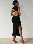 SHEIN Slayr Solid Color Backless Stand Collar Side Slit Bodycon Dress For Summer