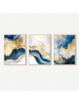 3 Pieces Blue And Gold Wall Art, Abstract Painting With White, Blue And Gold Foil, Bedroom Living Room Decor, Blue And Gold Marble Artwork, Unframed