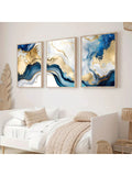 3 Pieces Blue And Gold Wall Art, Abstract Painting With White, Blue And Gold Foil, Bedroom Living Room Decor, Blue And Gold Marble Artwork, Unframed