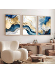 3 Pieces Blue And Gold Wall Art, Abstract Painting With White, Blue And Gold Foil, Bedroom Living Room Decor, Blue And Gold Marble Artwork, Unframed