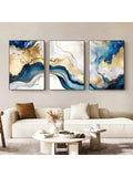 3 Pieces Blue And Gold Wall Art, Abstract Painting With White, Blue And Gold Foil, Bedroom Living Room Decor, Blue And Gold Marble Artwork, Unframed