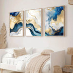 3 Pieces Blue And Gold Wall Art, Abstract Painting With White, Blue And Gold Foil, Bedroom Living Room Decor, Blue And Gold Marble Artwork, Unframed