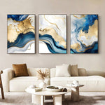 3 Pieces Blue And Gold Wall Art, Abstract Painting With White, Blue And Gold Foil, Bedroom Living Room Decor, Blue And Gold Marble Artwork, Unframed