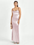 PARTHEA Spaghetti Straps Flower Detail Ruched Satin Elegant Long Dress