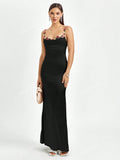 PARTHEA Spaghetti Straps Flower Detail Ruched Satin Elegant Long Dress