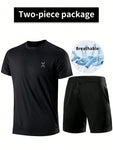 2-Piece Men Sportswear Set, Quick-Drying Breathable T-Shirt With Pocket, Drawstring Lightweight Shorts, Ideal For Running, Basketball, Fitness, Etc. Men Shorts Set Workout Sets Men Two Pieces Outfits