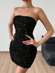 SHEIN PETITE Women Summer Solid Color Slim Fit Strapless Dress With Sequins, Suitable For Parties And Gatherings