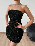 SHEIN PETITE Women Summer Solid Color Slim Fit Strapless Dress With Sequins, Suitable For Parties And Gatherings