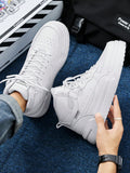 Men's Simple High-Top Lace-Up White Skate Shoes With Contrast Design, Comfortable Breathable Outdoor Casual Sports Sneakers, Unisex, Shoes For Men