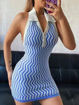 SHEIN Slayr Women Summer Color-Block Herringbone Halter Backless Bodycon Mini Dress