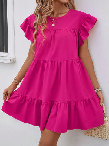 SHEIN Holidaya Women Summer Solid Color Round Neck Loose Babydoll Dress With Ruffle Trim