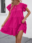 SHEIN Holidaya Women Summer Solid Color Round Neck Loose Babydoll Dress With Ruffle Trim